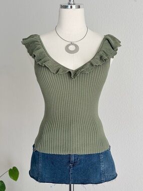 GAP Olive Green Ribbed V‑Neck Tank with Ruffle Trim